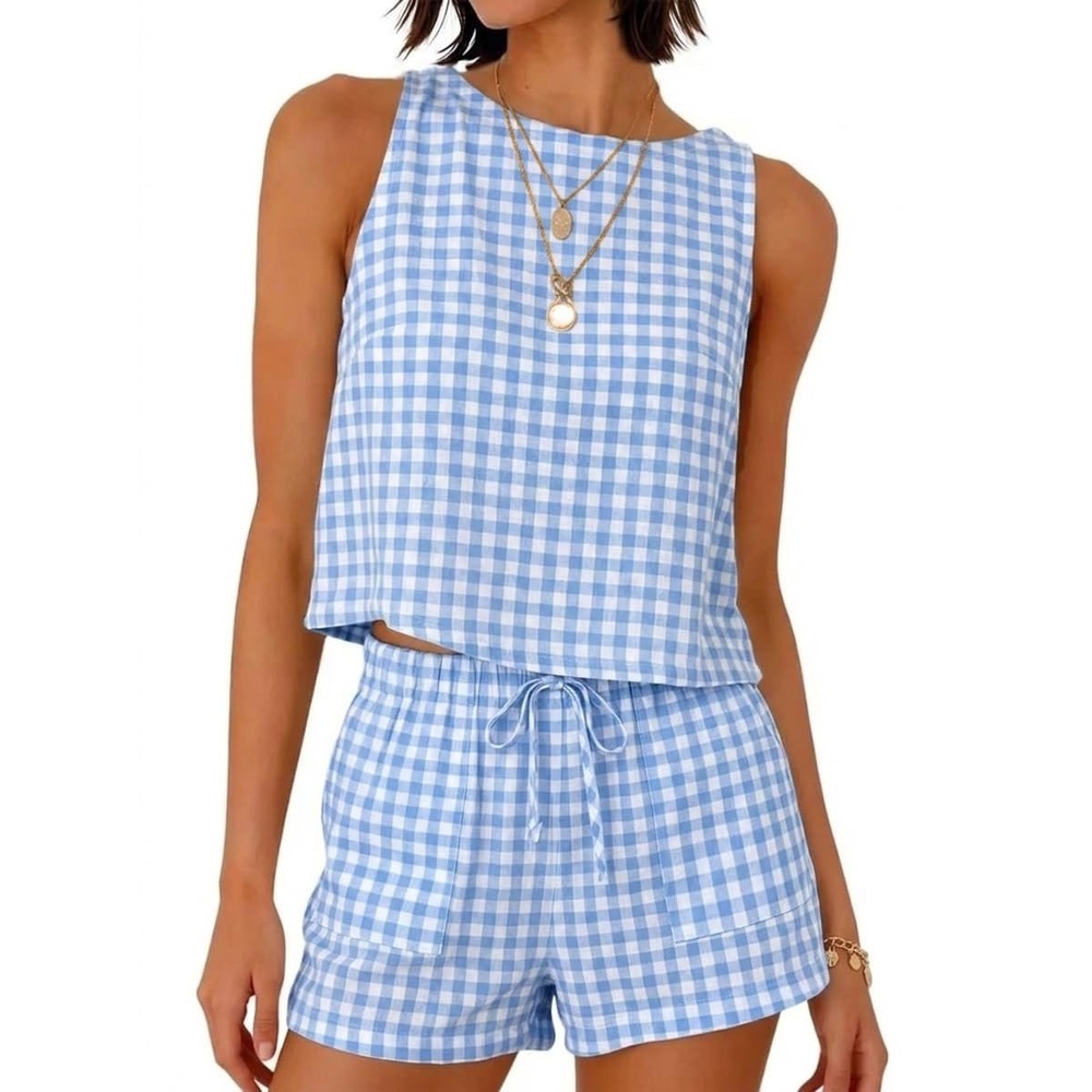 NWT IDEALSANXUN Blue Gingham 2 Pc Tank & Shorts Beach Vacation Set XS